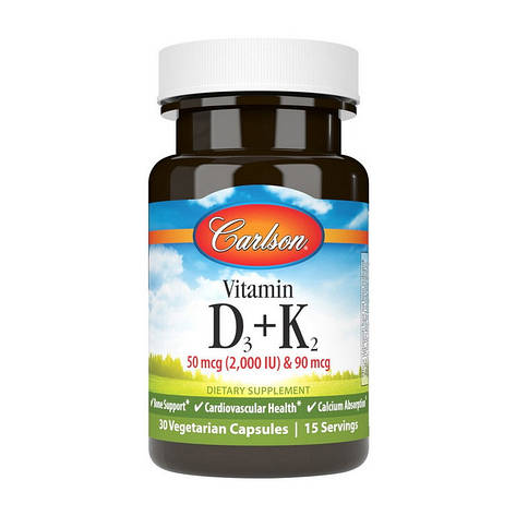 Vitamin D3 + K2 50 mcg (2,000 IU) & 90 mcg (30 veg caps), фото 1