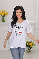 Женская летняя футболка из льна-жатки батал: 46-48, 50-52, 54-56, 58-60 - пудра, графит, белый, беж, оливка
