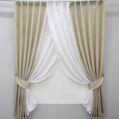 Кухонні шторки (350х170см.) з підв'язками. Колір бежевий з білим. Код 109к 52-0075