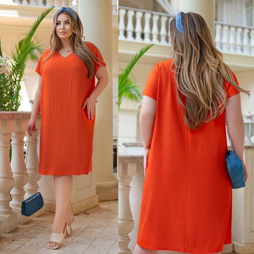 Стильне лляне літнє плаття жіноче оранжеве міді з кишенями (6 кольорів) АТ/-09164, фото 2