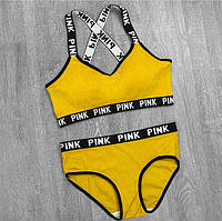 Женский комплект Pink, Спортивный комплект Pink", топ со съемным сплошным поролоном-корректором. Горчичный
