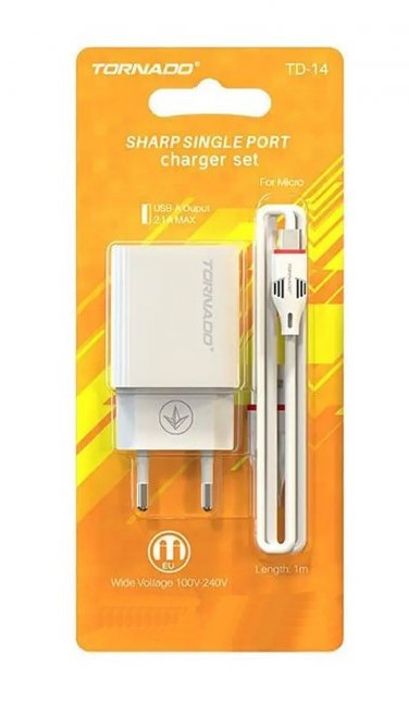 Мережевий зарядний пристрій Tornado TD-14 (1USB/2.1A/1м) + USB кабель Micro- білий