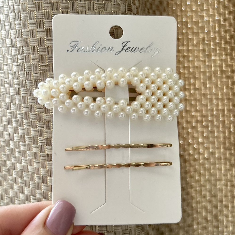 Набір шпильок та невидимок для волосся 3 шт, золоті невидимки та шпилька з перлами "Golden pearl"