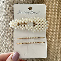 Набір шпильок та невидимок для волосся 3 шт, золоті невидимки та шпилька з перлами "Golden pearl"