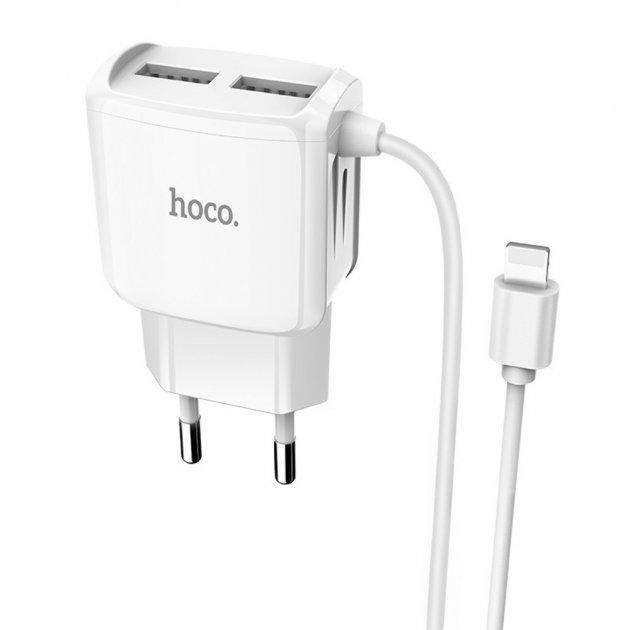 Мережевий зарядний пристрій Hoco C59A (2USB/2.4A) з цільним кабелем Lightning- білий