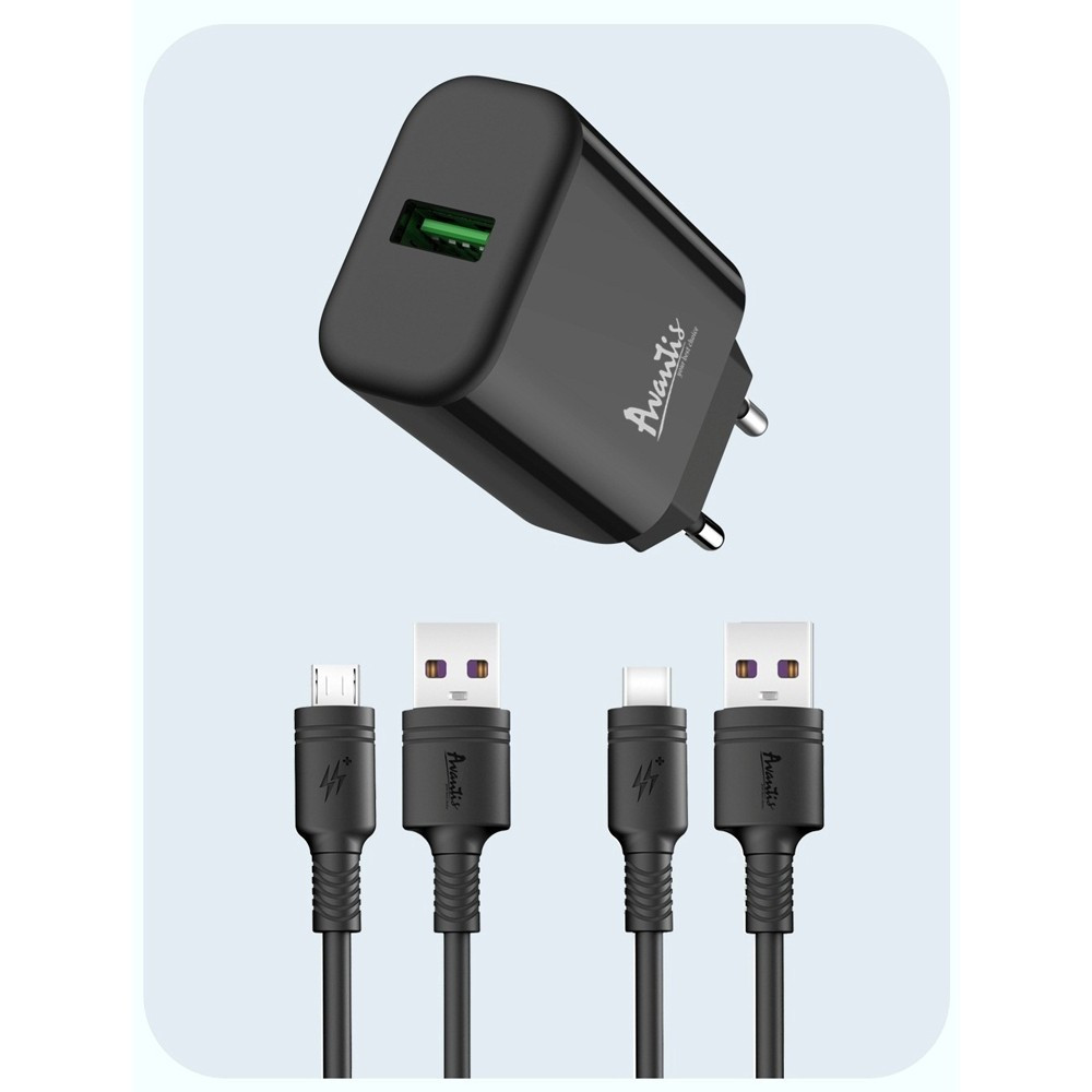 Мережевий зарядний пристрій Avantis A435 QC3.0 (1USB/18W/3.0A) + Type-C cable- чорний