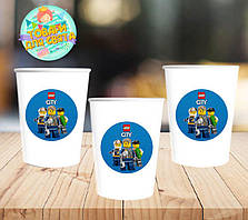 Стаканчики "Лєго / Лего сіті" білі паперові з круглою наклейкою (поштучно) одноразові