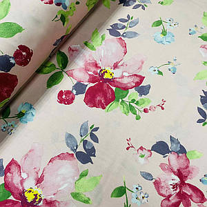 Тканина сатин із рисунком, великі яскраво-рожеві квіти на світло-рожевому (ТУРЦІЯ шир. 2,4 м) (SAT-S-0107)