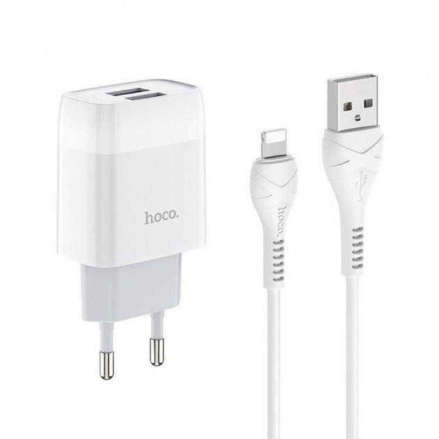 Мережевий зарядний пристрій Hoco блочек 2USB 2в1 (C73A) + USB кабель Lightning- білий