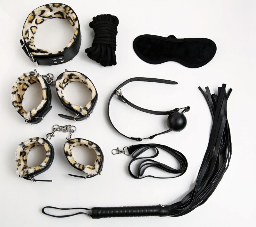 БДСМ набір для дорослих - батіг, кляп, пов'язка на очі, нашийник, поножі, кайданки, мотузка, Леопардовий