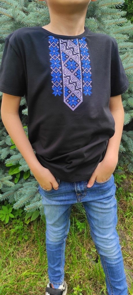 Дитяча футболка патріотична з вишивкою Волошкове поле на чорному, футболка вишивка, футболка вишиванка, футболка з вишиванкою
