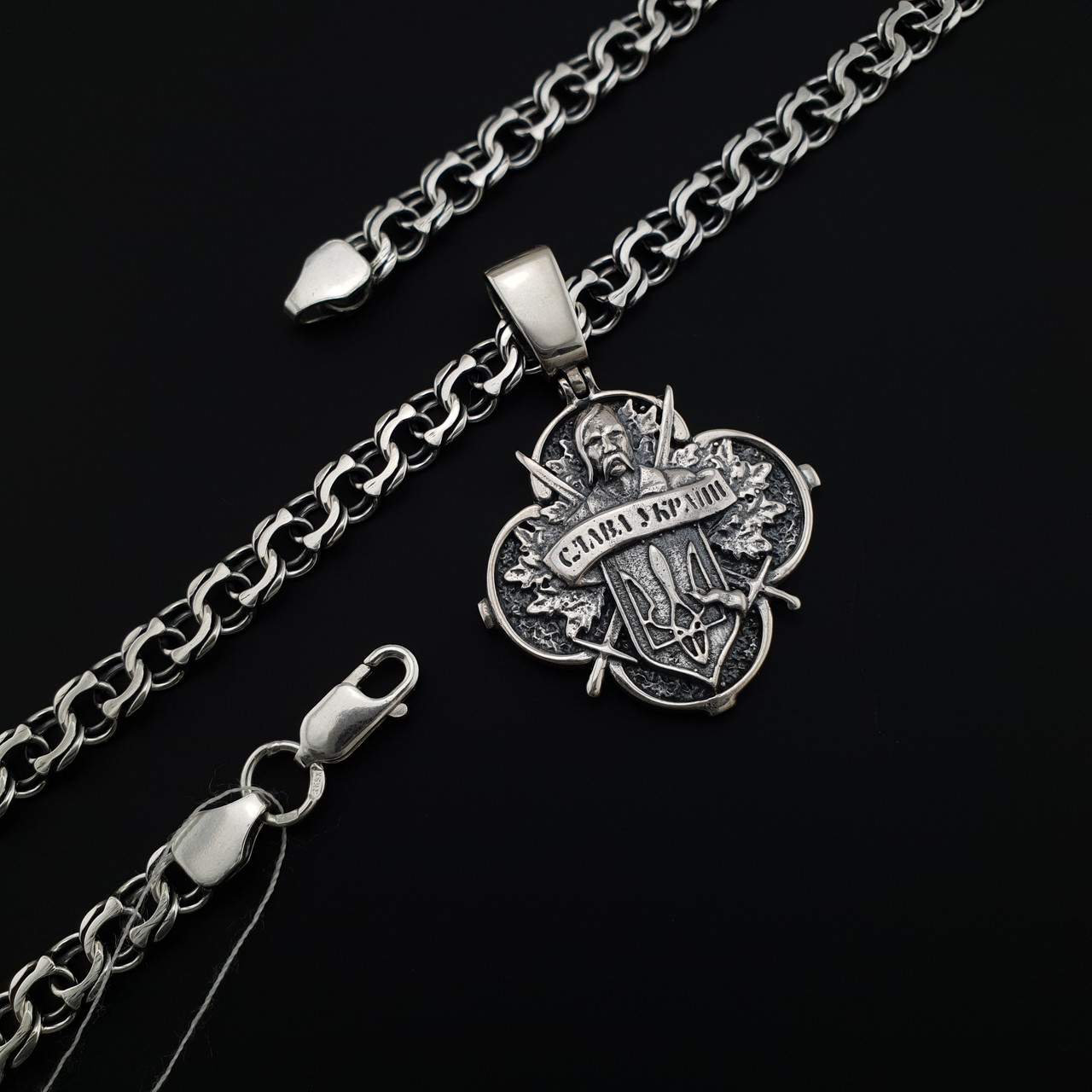 Срібна цепочка чоловіча і кулон Козак Характерник. Підвіс кожак із гербом і ланцюг на шию. Срібло 925 60 см, фото 1