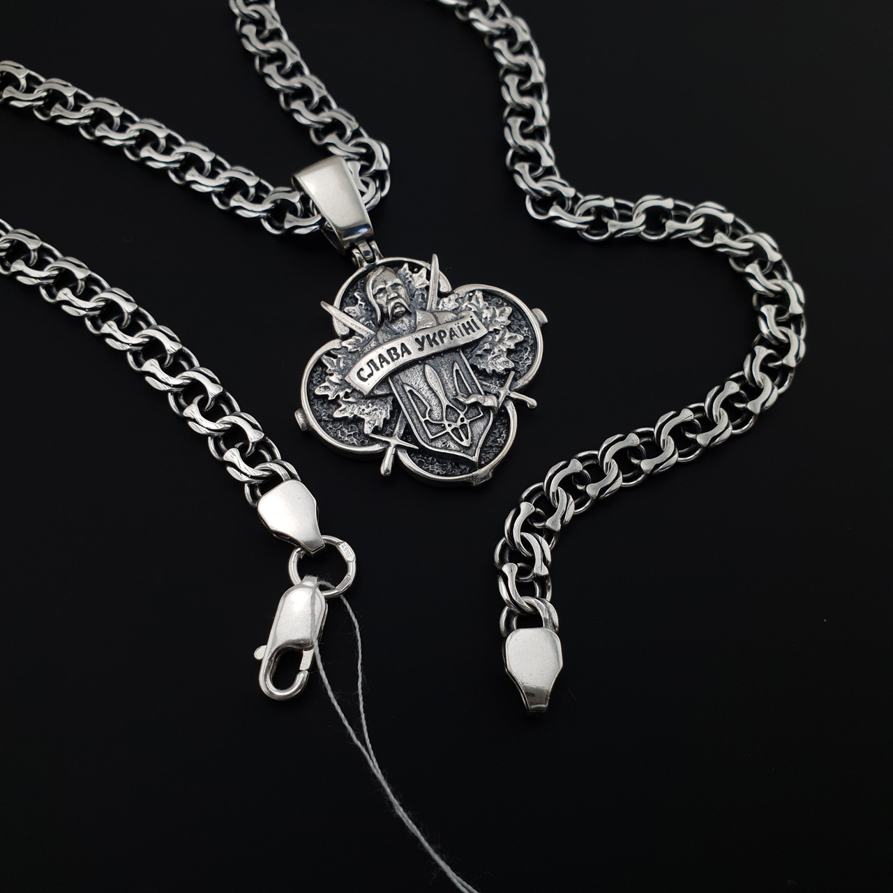 Срібна цепочка чоловіча і кулон Козак Характерник. Підвіс козак із гербом і ланцюг на шию. Срібло 925 65 см, фото 1