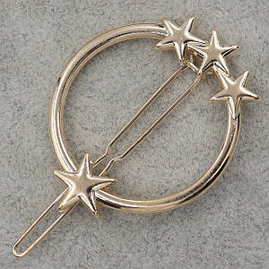 Шпилька для волосся заскочка золотистого кольору кільце з чотирма зірочками розмір виробу 6х3,5 см