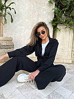 Летний женский костюм легкий S-XL жатый креп свободная рубашка с длинным рукавом и широкие брюки на резинке Черный, 46/48