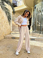 Летний женский костюм легкий S-XL жатый креп свободная рубашка с длинным рукавом и широкие брюки на резинке Бежевый, 42/44