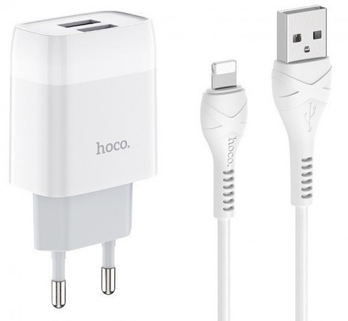 Мережевий зарядний пристрій Hoco C73А (2USB/2.4A) + USB кабель Lightning- білий