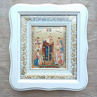 Ікона Всіх скорботних Радість Пресвята Богородиця, лик 10х12 см, у білому фігурному дерев'яному кіоті