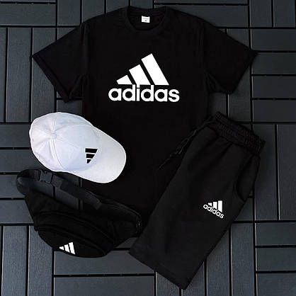 Чоловічий чорний спортивний костюм футболка шорти сумка-бананка та кепка Adidas 4в1 комплекти літні на хлопця, фото 4