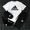 Літній спортивний костюм чоловічий 3 в 1 комплект футболка шорти кепка Adidas чорно-білий модний сучасний, фото 7