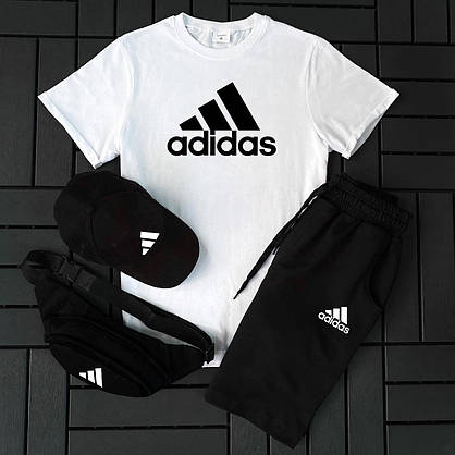 Чоловічий чорний спортивний костюм футболка шорти сумка-бананка та кепка Adidas 4в1 комплекти літні на хлопця, фото 3