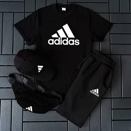 Чоловічий чорний спортивний костюм футболка шорти сумка-бананка та кепка Adidas 4в1 комплекти літні на хлопця, фото 6