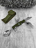 Мультитул тактический 9 в 1 туристический с ложкой вилкой и ножем зеленый походной