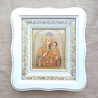 Ікона Акафістна-Зогравська Пресвята Богородиця, лик 10х12 см, у білому фігурному дерев'яному кіоті