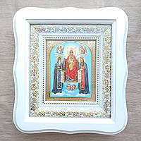 Икона Киево-Печерская Пресвятая Богородица, лик 10х12 см, в белом фигурном деревянном киоте