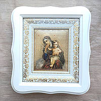 Ікона Відрада або Втіха Пресвятої Богородиці, лик 10х12 см, у білому фігурному дерев'яному кіоті