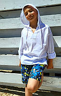 Дитяча бавовняна біла туніка з довгими рукавами і капюшоном для хлопчика.