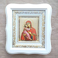 Ікона Володимирська Пресвята Богородиця, лик 10х12 см, у білому фігурному дерев'яному кіоті