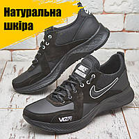 Осенние кроссовки мужские кожа Nike для города под джинсы обувь, черные кожаные кроссы демисезонные *67-черн*