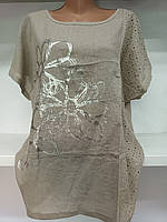 Жіноча футболка комбінована натуральна з льону з малюнком спереду у великих розмірах 3XL — 6XL
