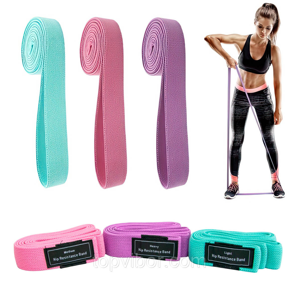 Резинка для фітнесу - набір 3 шт. "Hip resistance band", тканинні фітнес резинки для тренувань для ніг
