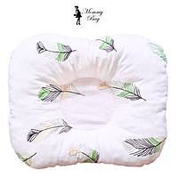 Детская хлопковая ортопедическая подушка Mommy Bag Перья зеленые №7 25*28см в кроватку новорожденным