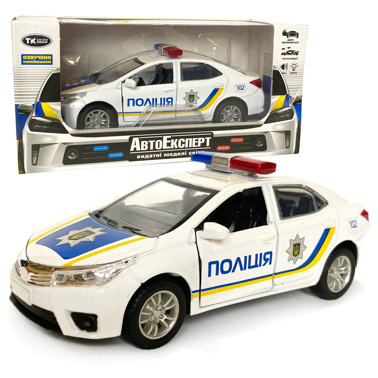 Машинка металева дитяча Toyota поліція, Тойота, біла, Автоексперт, 1:36, світло, звук,інерція, відчиняються двері, 12,5*5*4,5см, фото 1