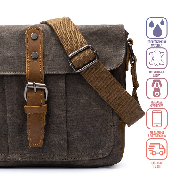 Фото чоловічої сумки через плече зеленого кольору хакі Фото чоловічої сумки через плече зеленого кольору хакі