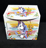 Дерев'яна скринька для прикрас, дитяча скринька Єдиноріг, комод 9х8х7 см з ящиками та дзеркалом