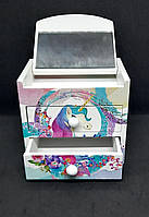 Дерев'яна скринька для прикрас, дитяча скринька Єдиноріг, комод 9х8х7 см з ящиками та дзеркалом
