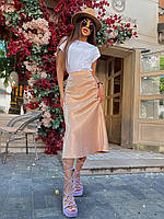 Бежевая женская стильная летняя однотонная романтичная атласная юбка-миди на резинке