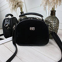 Женская черная замшевая сумка через плечо маленькая сумочка натуральная замша+кожзам