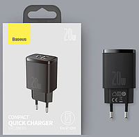 BASEUS 20W 3A Type-C + USB Адаптер Быстрой Зарядки Baseus Compact Quick Charger Original QC/PD Черный