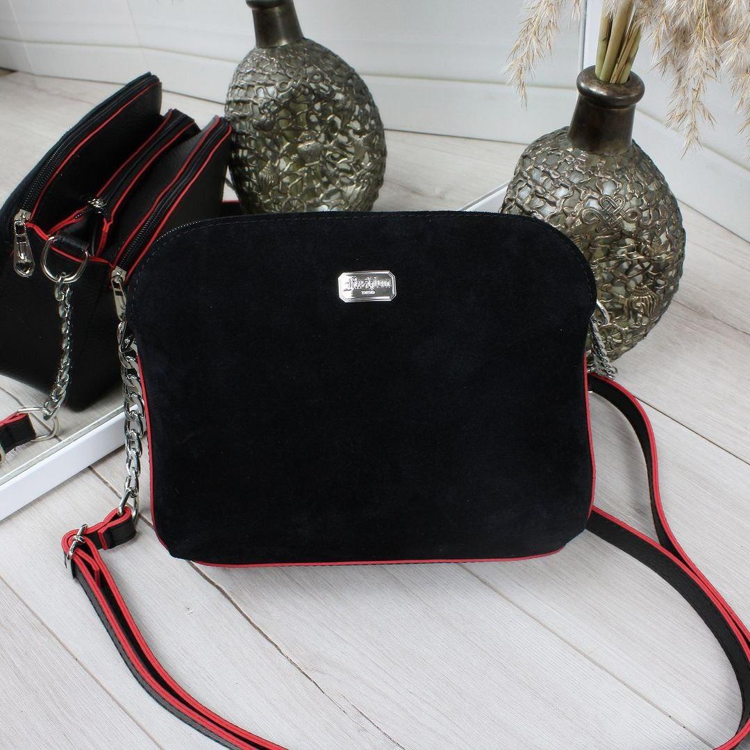 Жіноча сумочка крос-боді через плече сумка клатч 3 відділення чорна з червоним замша+шкірзам