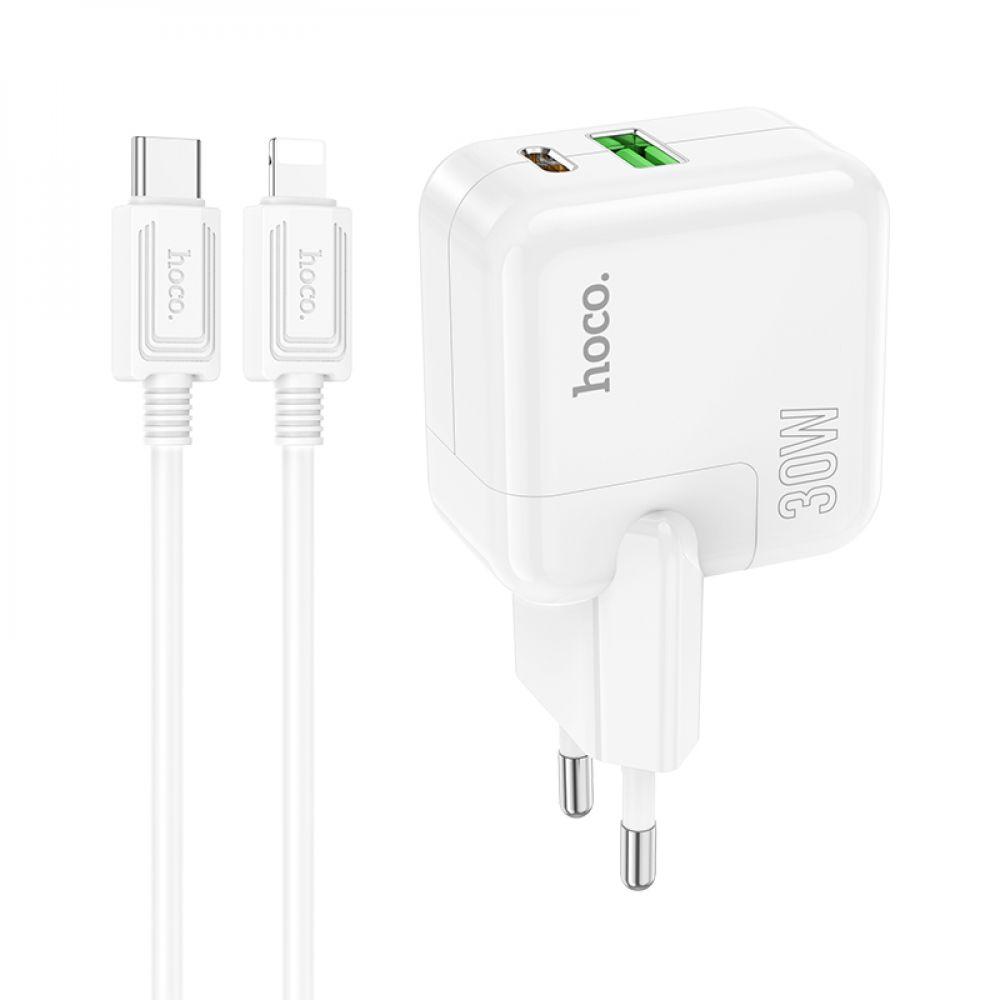 Мережевий Зарядний Пристрій Hoco C111A Lucky Type-C PD30W USB QC3.0 cable Type-C to Lightning, White, фото 1