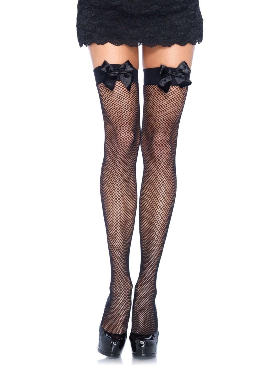 Панчохи чорні Leg Avenue Fishnet Thigh Highs With Bow OS Black, фото 1