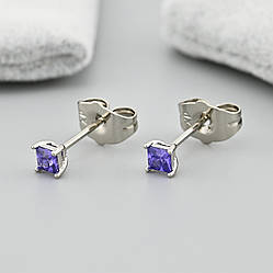 Сережки гвоздики Жанет 39649 розмір 4х4 мм фіолетові фіаніти вага 0.7 г позолота Біле Золото