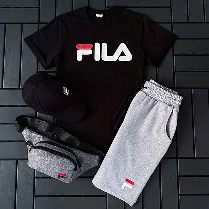 Спортивний костюм чоловічий футболка шорти кепка та барсетка Fila комплекти 4 в 1 на хлопця повсякденний модний, фото 5