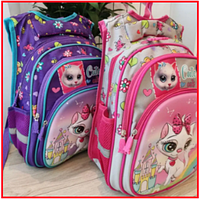 Детский школьный 4D рюкзак портфель для девочек cats кошечка ранец для школы с пеналом и двумя отделениями