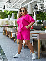 Женский костюм летний повседневный футболка и шорты большие размеры нарядный костюм в ярких цветах Малиновый, 48/50